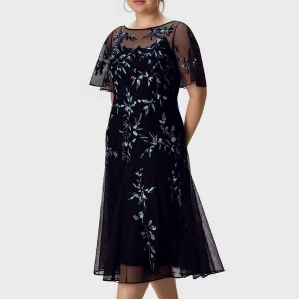 Eshakti Embroidered Floral Short Sleeve A Line Dress Black Women's Size 2X (22W)